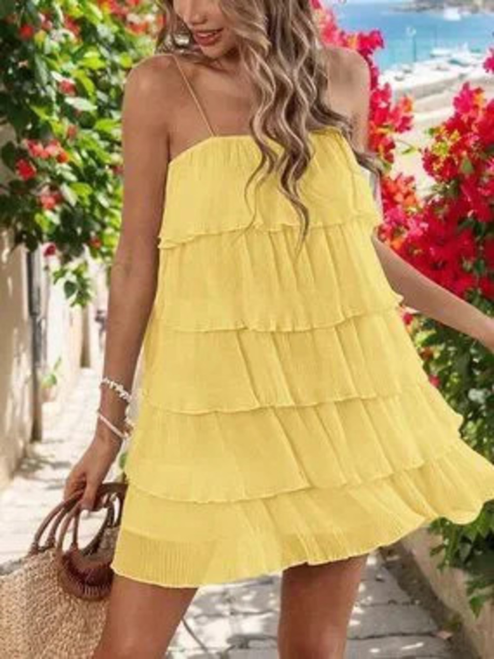 Yellow Boho Women's multi layer ruffled Spaghetti Strap mini Dress